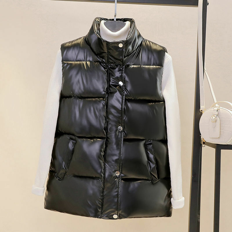 Modieuze Glossy Donzen Vest Voor Dames Casual Turn Down Kraag Dik Gilet Koreaanse Mode Plus Size Zak Mouwloos Jasje