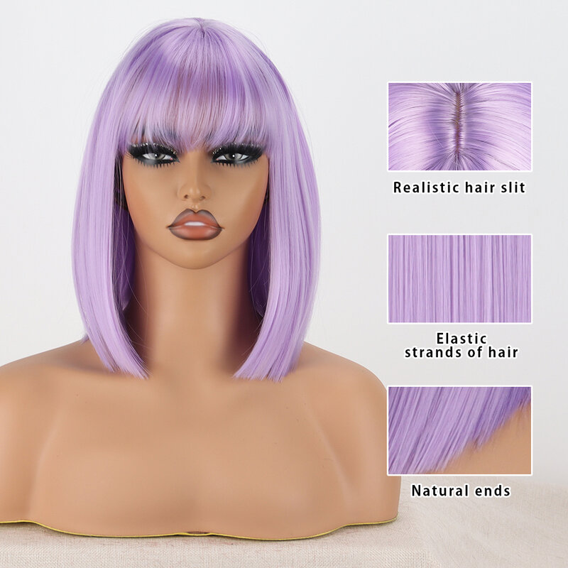 Synthetic Short Straight Wigs For Women Purple Lolita Bobo Wigs With Bangs Heat Resistant Cosplay Daily Hair