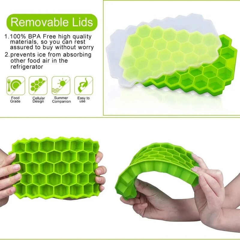 Bandejas de cubo de gelo reutilizáveis Honeycomb Mold Silicone, BPA Free, Ice Maker com tampas removíveis, 37 cavidades