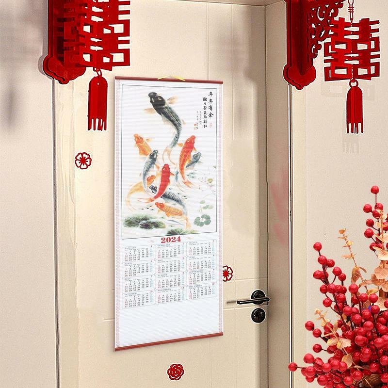 Drakenkalender Chinese Dierenriem Muur Scroll Kalender 2024 Chinese Dierenriem 2024 Maankalender Imitatie Rotan Papieren Schilderijen