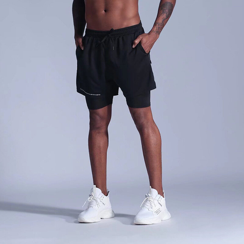 Pantalones cortos deportivos para hombre, 2 en 1, de doble cubierta, de secado rápido, para correr, gimnasio, con bolsillo y cremallera