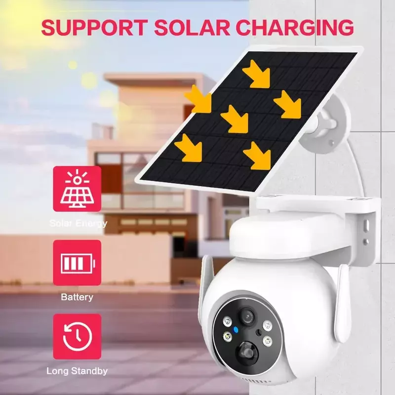 Câmera de Segurança Solar ao ar livre com Painel Solar, Vigilância Sem Fio PTZ, Bateria, PIR, Detecção Humana, WiFi, 5MP, iCsee, 360 °