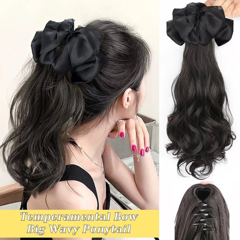ALXNAN HAIR Synthetic Long Curly Hair Claw Ponytail Wig Bow TieCurly Hair False Ponytail Fluffy Hair