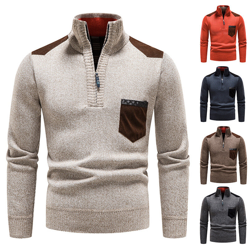 Top de zíper de pescoço grosso masculino, suéter de malha, jaqueta de outono e inverno, roupas novas, primavera
