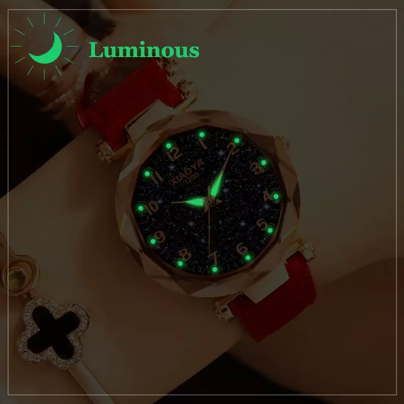Luxo Starry Sky Watch para mulheres, relógio de pulso quartzo feminino, couro vermelho, relógio impermeável, moda