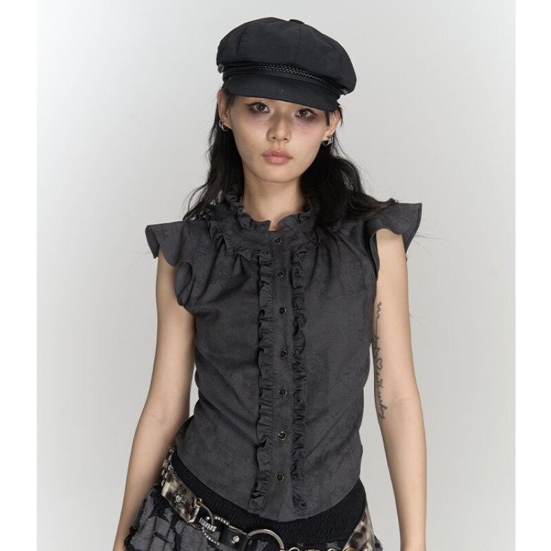 QWEEK Vintage Y2k kemeja lengan pendek wanita Grunge Jepang Gyaru blus kancing baju jalanan Gotik mode Harajuku musim panas