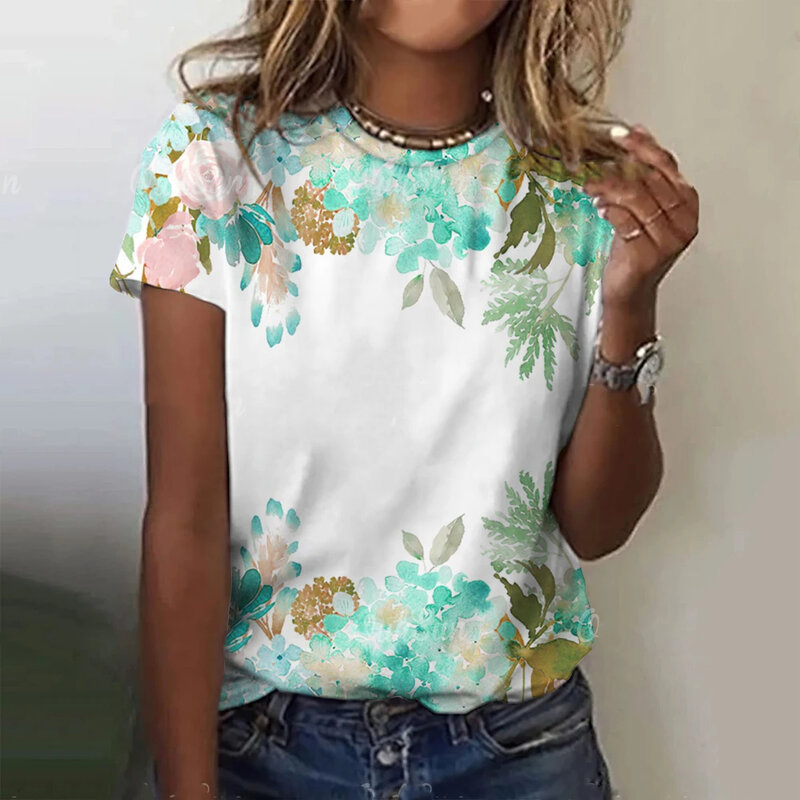 เสื้อยืดผู้หญิงพิมพ์ลายแมวน่ารัก3D ใหม่เสื้อผ้าลำลองฤดูร้อนแฟชั่น Kaus binatang ดอกไม้แขนสั้น2024