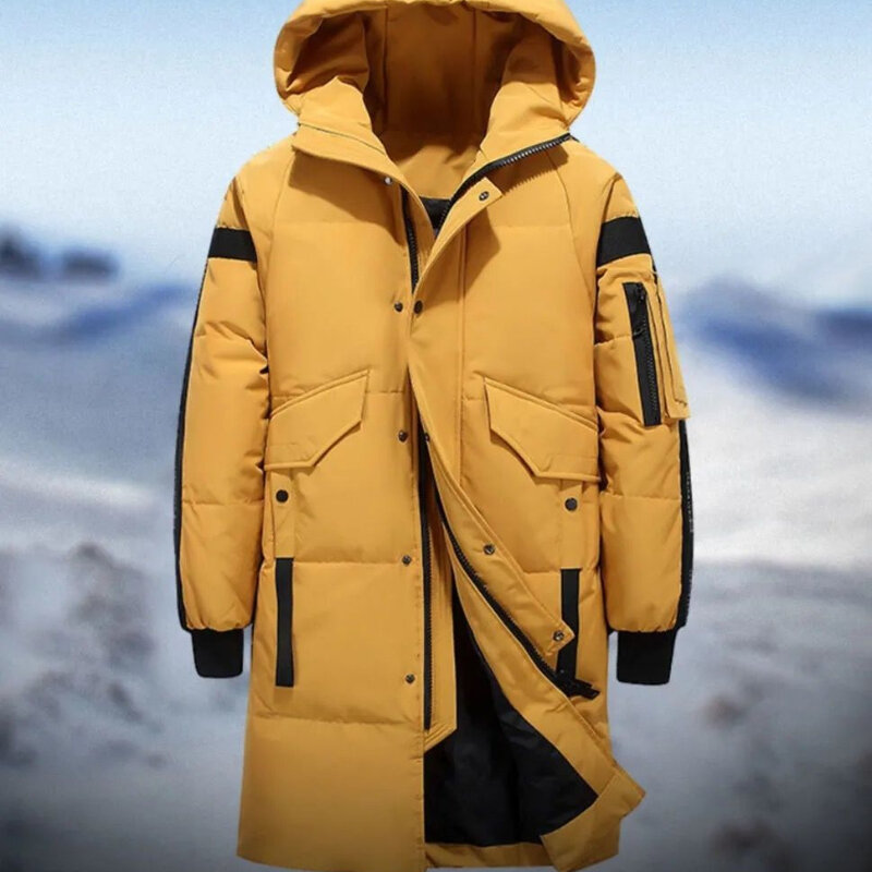 2023 nowych zimowych męskich płaszcz puchowy z kapturem średniej długości z modnym wzorem biały puch z kaczki na zimna pogoda gruby płaszcz z parkami