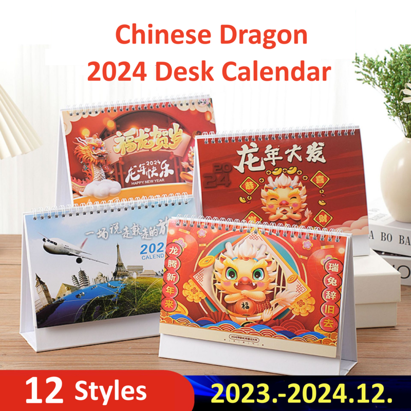 Calendario de dragón chino, mesa de escritorio de pie, espiral abatible, planificador familiar con listas de planificador, decoración de escritorio para el hogar, 2024