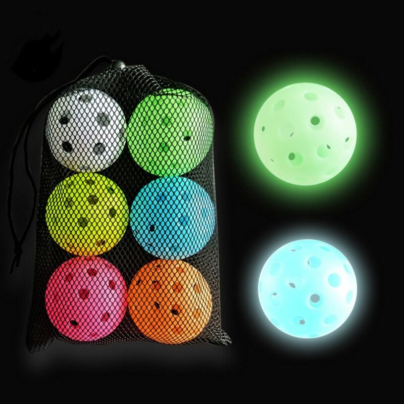 Bola de Pickleball luminosa de alta visibilidad, 40 agujeros, duradera, brilla en la oscuridad, colorida, tamaño oficial, 6 unidades por juego