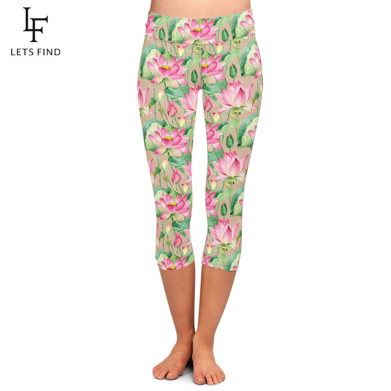 LETSFIND ดอกบัวออกแบบผ้าไหมพิมพ์ผู้หญิง Capri กางเกงขายาวเอวสูงออกกำลังกายนุ่ม Slim Leggings
