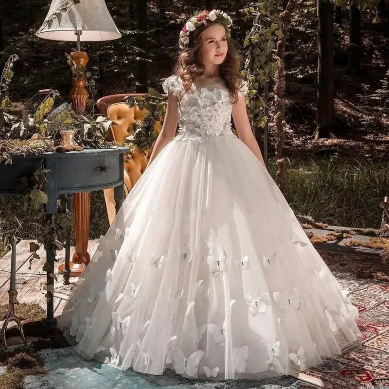Lovely Butterfly Flower Girl Dress Tulle Ball Gown Wedding Birthday Party Dress for Kids Tank Pageant Princess Gowns فساتين اطفا