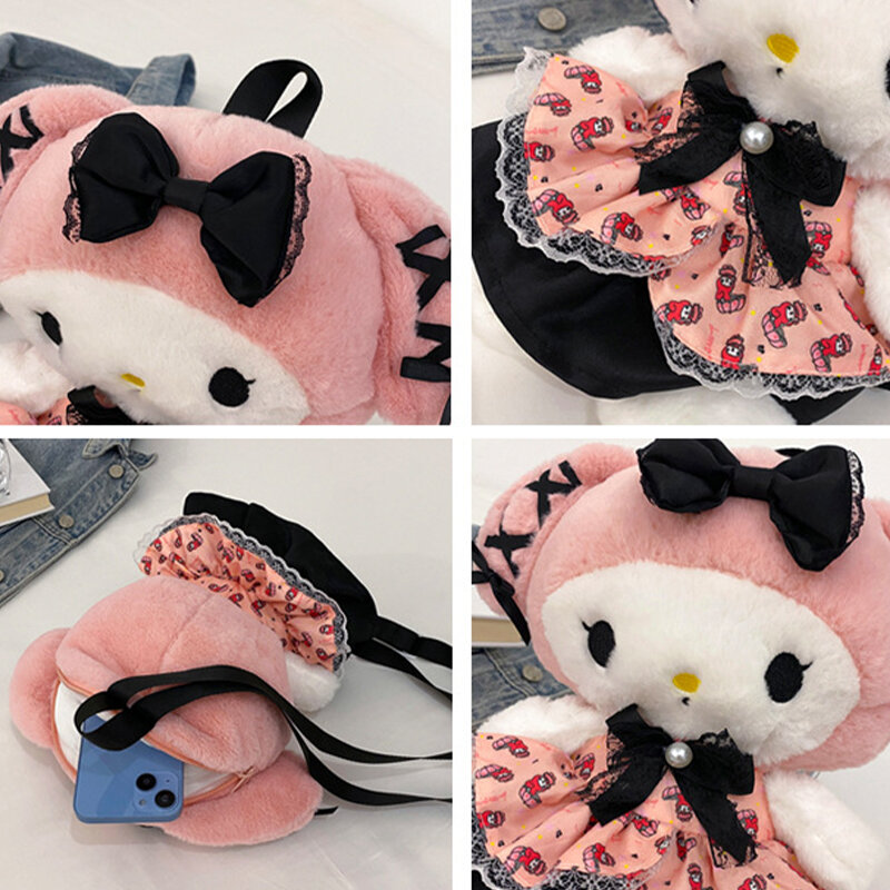 Sanrio Plush Bag Kawaii Kuromi Backpack Lolita Style Plush Stuffed Animal Doll Toys My Melody Bag Fashion Women Tote Christmas