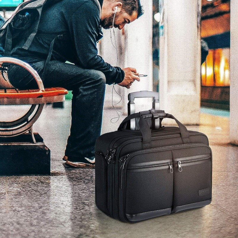 Bolsa repelente al agua para ordenador portátil de hasta 17,3 pulgadas, bolsa enrollable nocturna con bolsillos RFID para viajes/negocios/hombres/mujeres, color negro