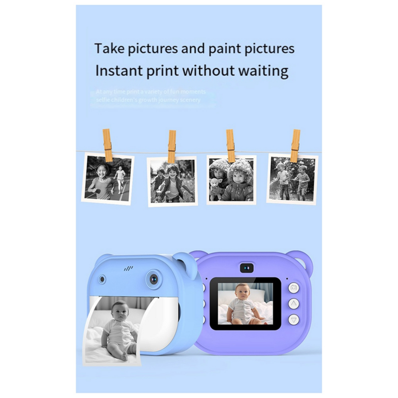 Câmera de impressão infantil dupla, imprimível, 240MP, 1080p, um toque, 2 rolos de papel impresso 57x25mm, roxo