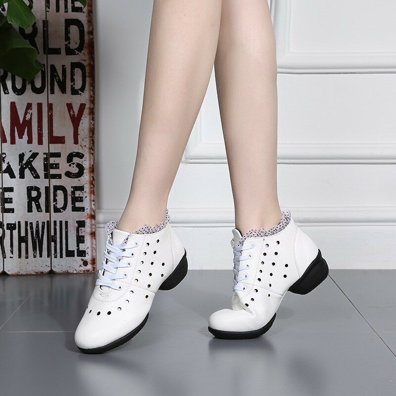 Leather Square White Dance Shoes Women's Comfortable Soft Sole Mid Heel Performance Breathable Mesh Non Slip Rubber Sole