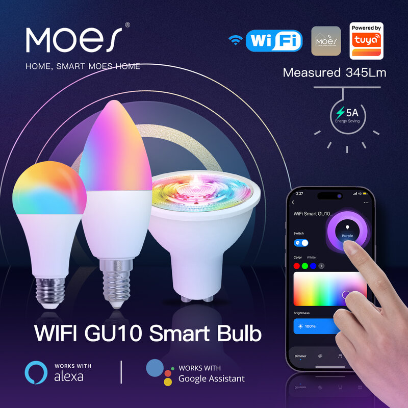 Bombilla de luz LED WiFi Moes GU10 E27 E14 lámpara de vela inteligente 16 millones RGBCCT 2700-6500K luz regulable Tuya Alexa Google 90-250V 6W
