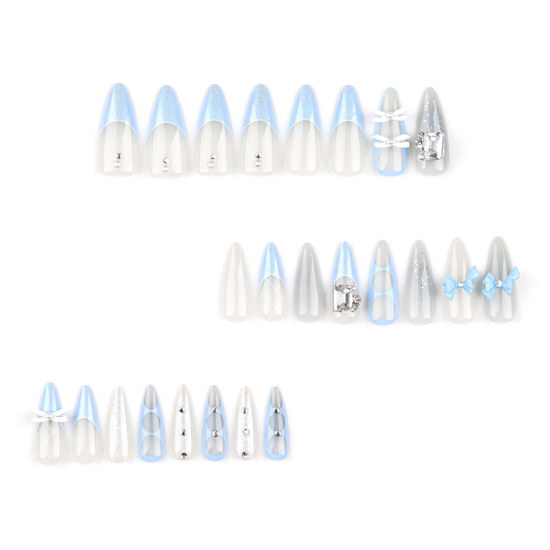 24pcs Blue French Press on Nails with 3D Bow Rhinestone Design Fake Nail Tips for Lady Women Wearable Ins Sweet False Nails