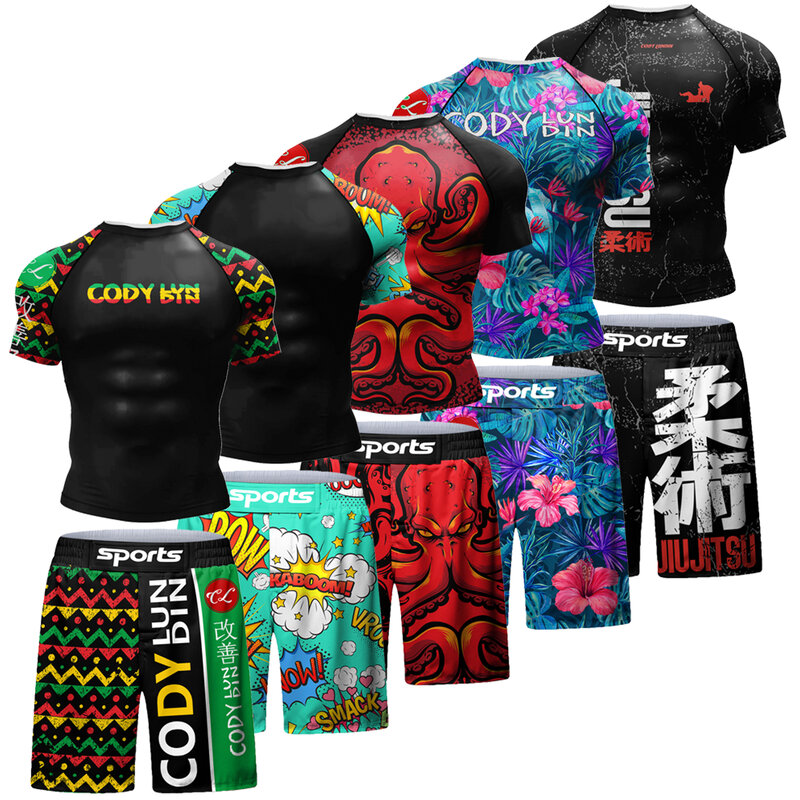 Cody Lundin-Camiseta e shorts de luta masculina, Jersey Fitness Boxe, roupas esportivas, quimono MMA, Rash Guard, jiu-jitsu