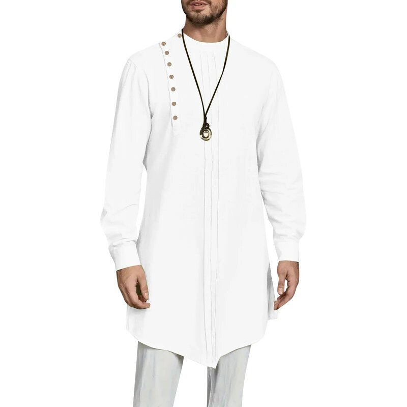 Mens Muslim Embroidered Solid Color Robes Fashion Long Sleeve Males Prayer Clothing With Pocket Islamic Dubai Arabia Shirt Robe