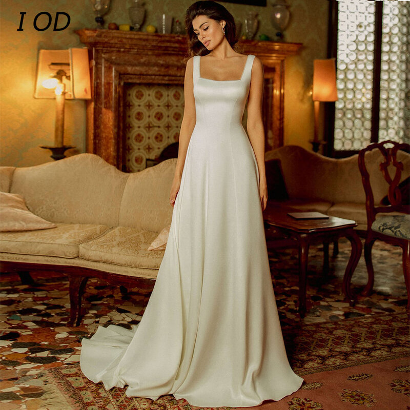 Женское свадебное платье до пола I OD, простое ТРАПЕЦИЕВИДНОЕ ПЛАТЬЕ на молнии с квадратным вырезом и открытой спиной, без рукавов, индивидуальный пошив