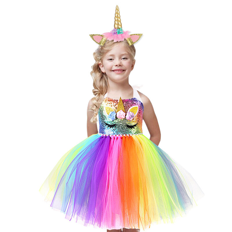 유니콘 드레스, 어린이 스팽글 의상 드레스, 레인보우 컬러 정장, 여아용, 생일 댄스 파티, 1 ~ 12 세