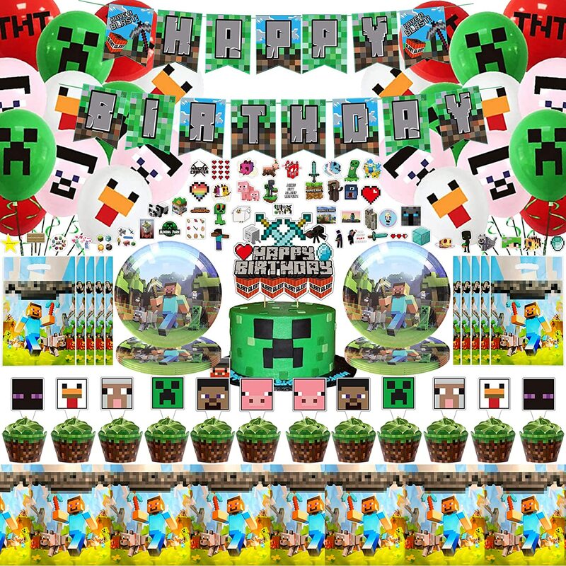 Miner Crafting Pixel Game Party Supplies stoviglie usa e getta Cup Plate tovaglia Cake Topper Ornament Balloon Baby Shower