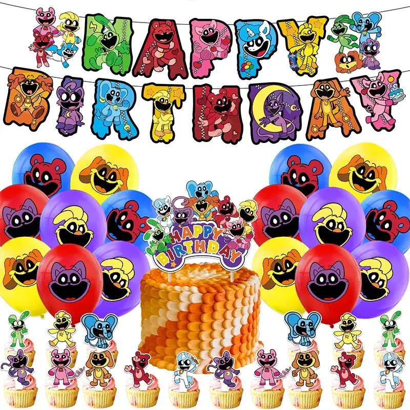 漫画のsmileyテーマの誕生日パーティーバルーン、DIYバナー、ラテックスバルーンの装飾、ケーキ用品、子供、女の子のギフト