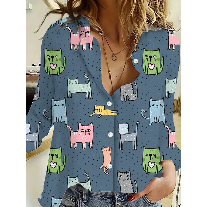 3D 디지털 귀여운 고양이 프린트 여성 셔츠, 분위기 있는 긴팔, 캐주얼 패션, 데일리 용수철, 가을, 2024 신상