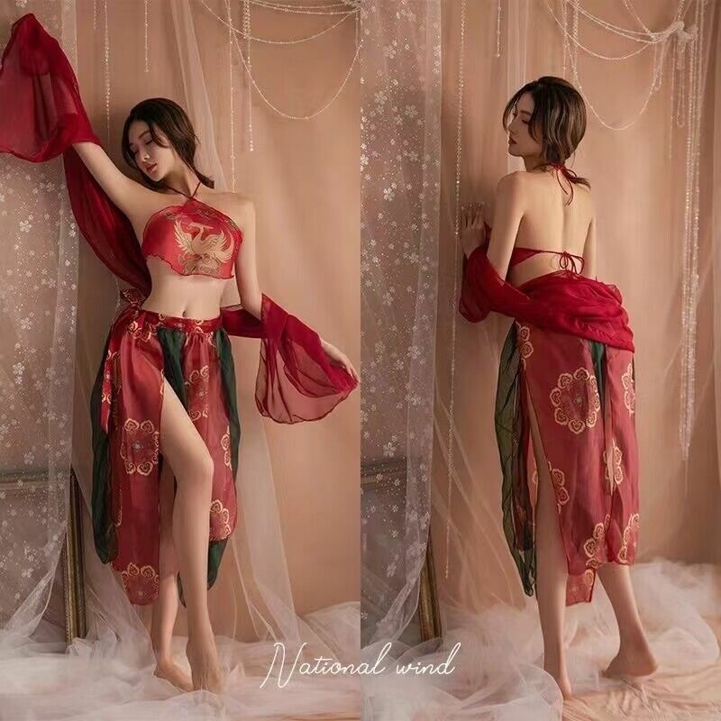 Ancient costume women Hanfu temptation suit pajamas sexy apron uniform chiffon transparent nightdress Dunhuang dance dress