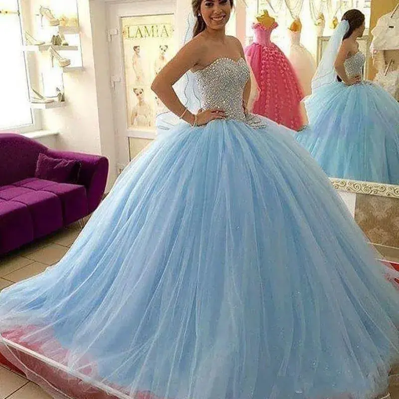 Sparkly Beaded Sweet 16 Vestidos De Quinceanera Dresses Sweetheart Tulle Formal Debutante Gowns Princess Birthday Gowns