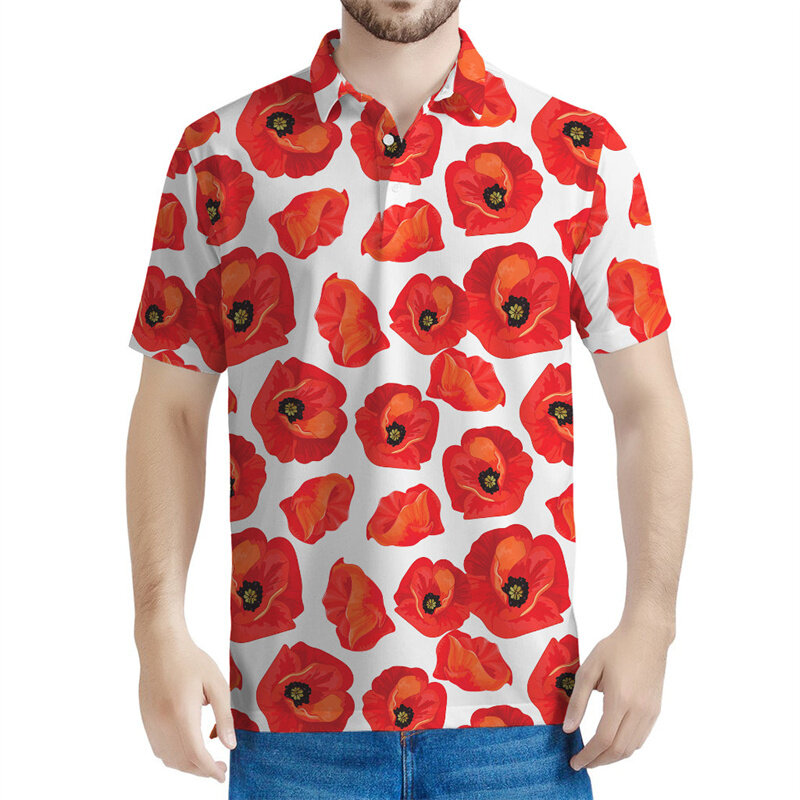 男性と女性のためのレトロな赤い花のポロシャツ,3Dプリントの花柄のTシャツ,夏のトップス,半袖,カジュアル,ボタン