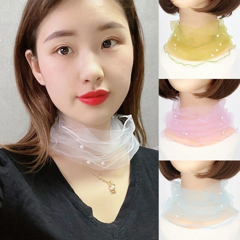 Transparent Women Scarf Fake Pearl Mesh Necklace Scarf Thin Chiffon Circle Scarf Neck Collar Ladies Clothing Accessories