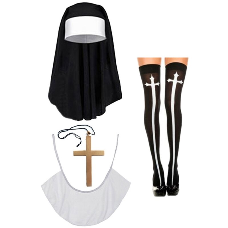 Y1UE Nonnenkostüm-Set mit Halskette mit Kreuz-Anhänger, Nonnenhut mit Kreuz über den Kniestrümpfen, Halloween-Nonnen-Zubehörset
