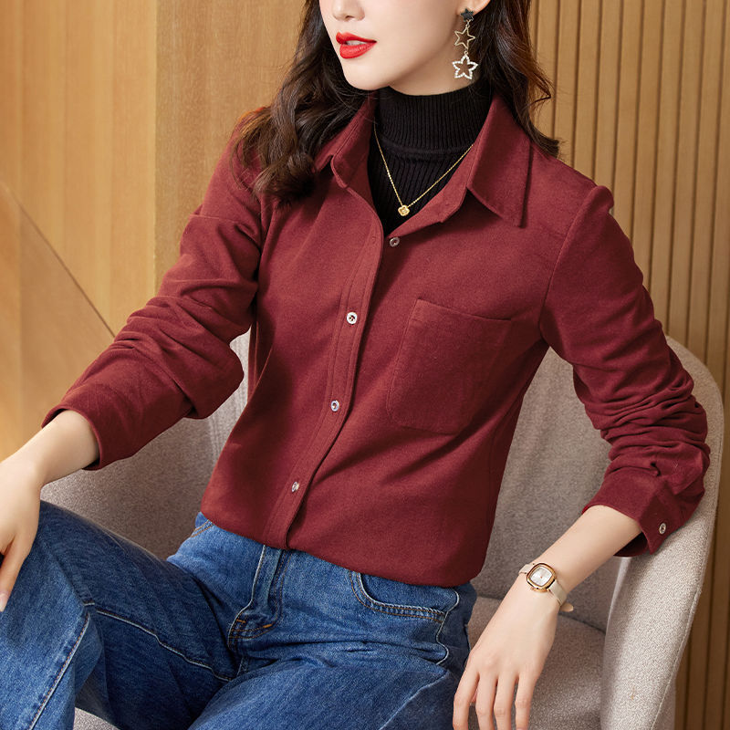 Donna moda coreana colletto rovesciato camicia abbottonata autunno inverno Chic camicetta spessa Solid manica lunga top larghi Blusas Mujer