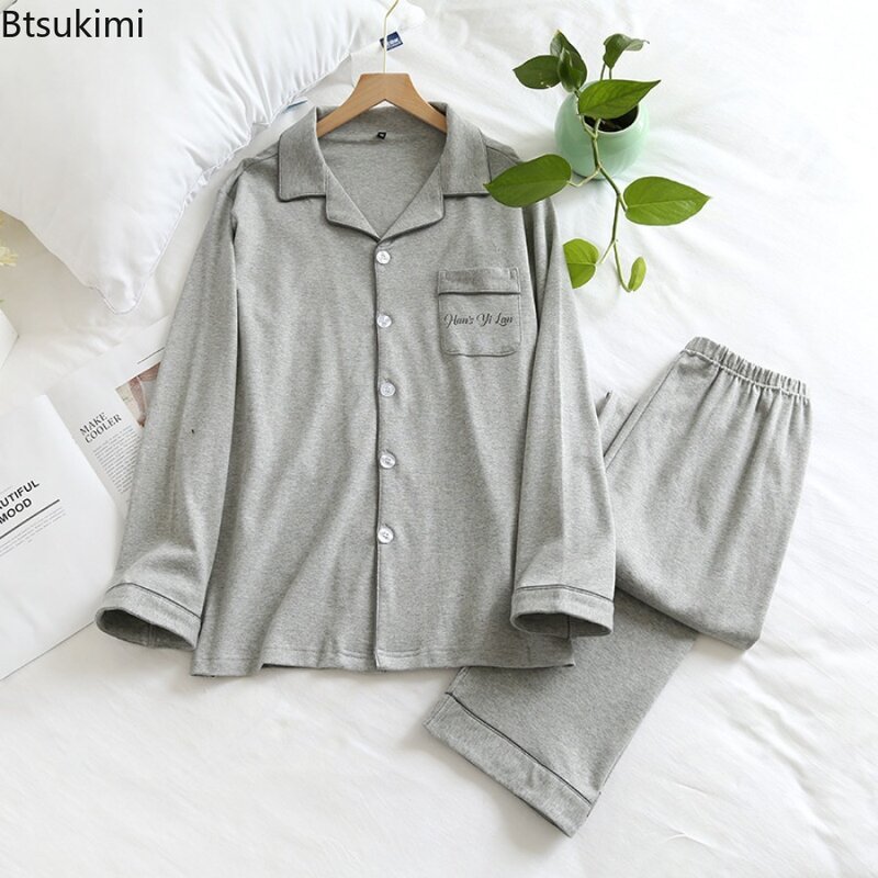 New 2024 Men's Casual Soft Cotton Pajama Sets Spring Autumn Solid Long Sleeve Breathable Pijama Sets Male Casual Homewear Sets