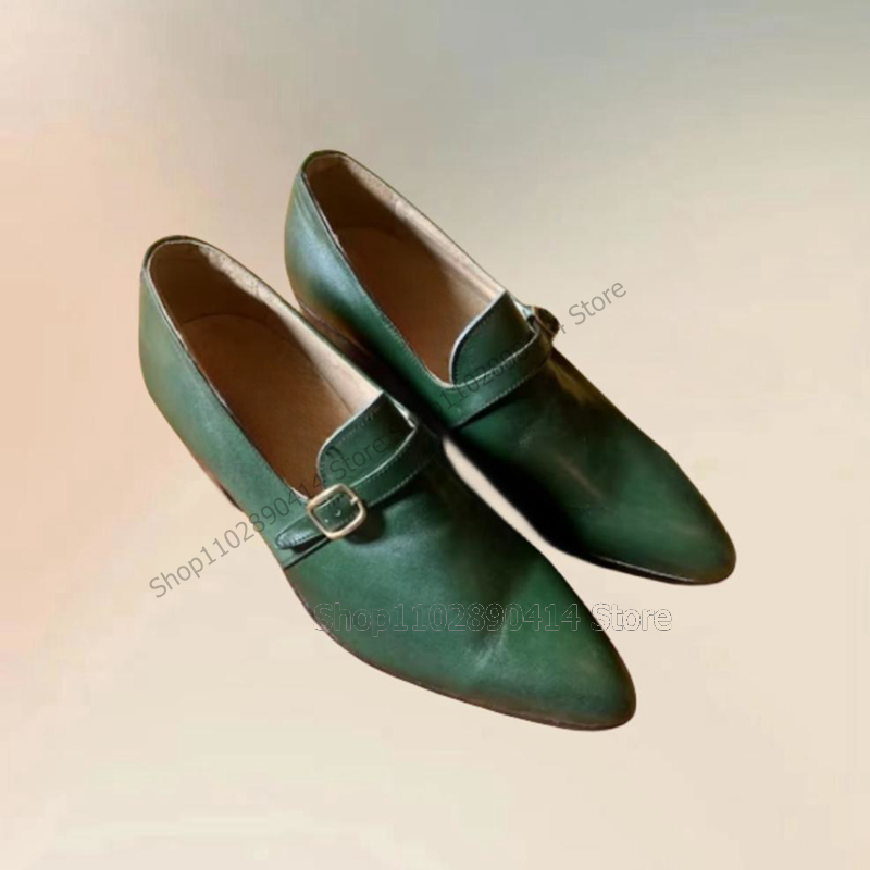 Sapatos de dedo apontado artesanal masculino, decoração de fivela verde, mocassins casuais, deslizar sobre, moda luxuosa, festa, banquete, escritório