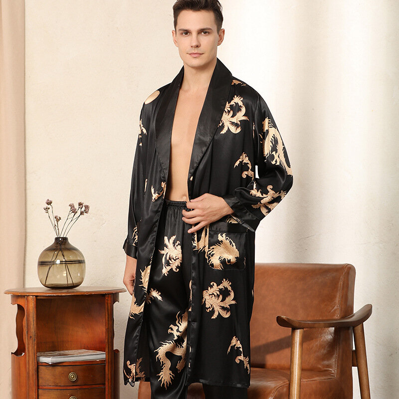 Summer Thin Long Sleeve Pajamas Men's Silk Like Night-Robe Pants Two Piece Set Oversized Dragon Bathrobe Sexy Home Clothing