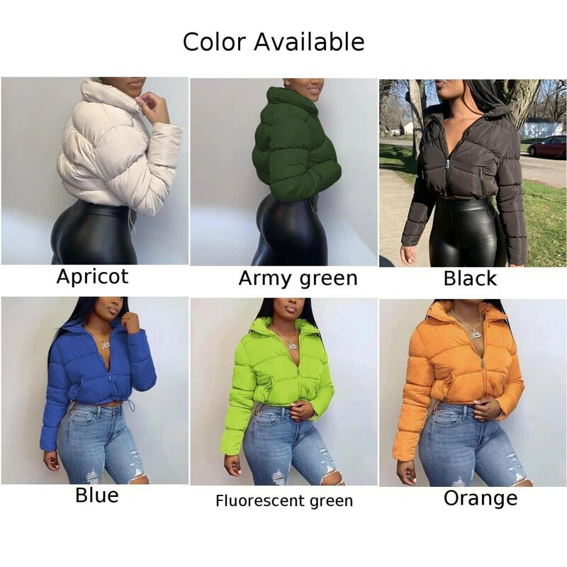 Casual Winter Warm Thick Padded Quilted Parkas Coat Women Crop Top Solid Color Zip-up Stand Collar Jacket Coats Parka Clothing