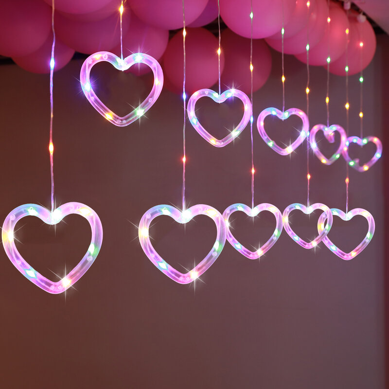 Lampu tirai jendela, LED lembut terang berbentuk hati lampu tali dengan 8 mode berkedip, baterai atau USB dioperasikan, untuk pernikahan