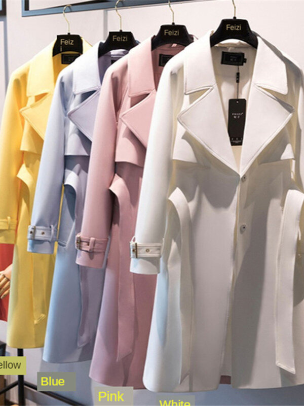 2021 primavera blusão outono trench coat feminino cintura ajustável fino sólido preto casaco branco longo trench coats outerwear feminino