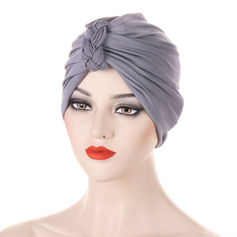 Trendy Braid Turban Caps for Women Plain Color Muslim Hijab Scarf India African Head Wraps Turbante Mujer Headscarf Bonnet