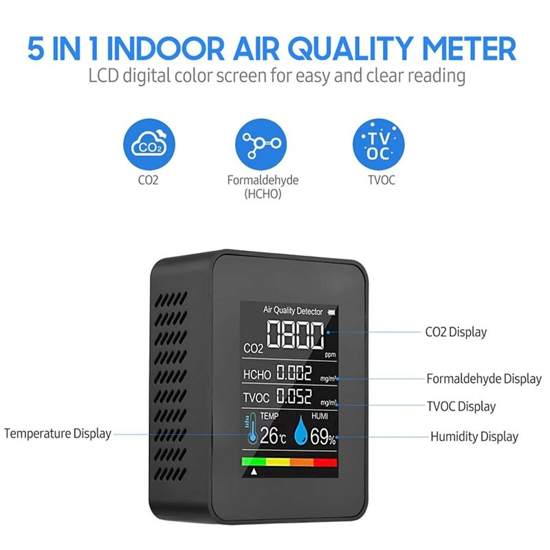 Misuratore di CO2 multifunzionale 5 in1 Tester di umidità della temperatura digitale rilevatore di anidride carbonica TVOC HCHO Monitor della qualità dell'aria
