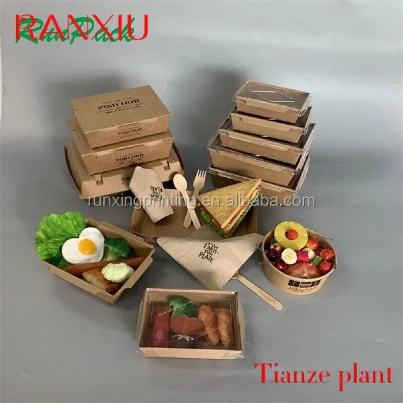 Runosphbt- Cuillère à soupe compostable personnalisée, Boîtes en papier amicales, Boîte à emporter rapide, Emballage alimentaire