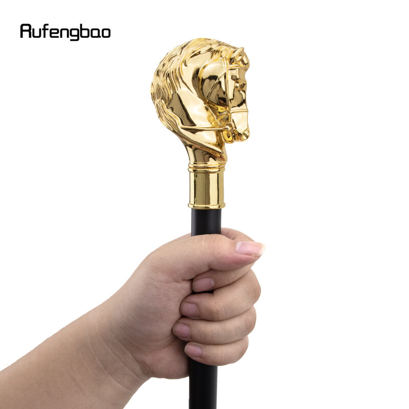 Golden Horse Head Animal Single Joint Walking Stick with Hidden Plate Self Defense Fashion Cane Plate Cosplay Crosier Stick 93cm