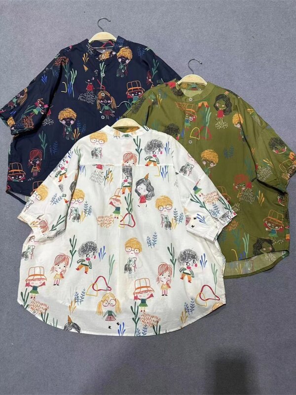 เสื้อเชิ้ตแขนสั้นผ้าบางสำหรับผู้หญิง, เสื้อแฟชั่นผ้าคอตตอนสไตล์ญี่ปุ่นทรงหลวมพิมพ์ลายการ์ตูน2024 X1101ใหม่