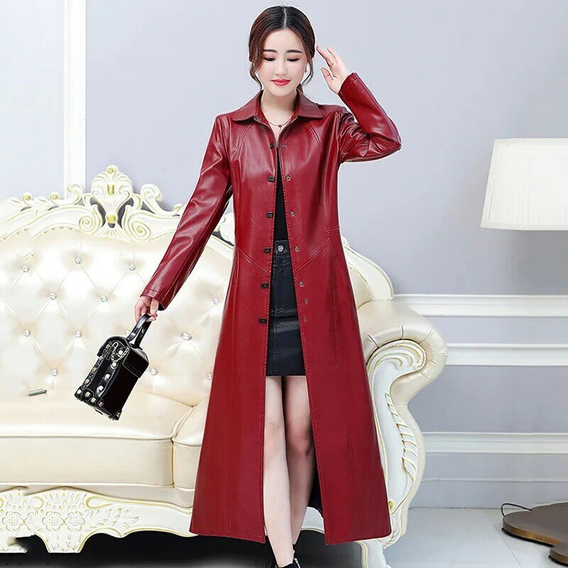 Size M-7XL New Women Leather Coat Spring Autumn 2023 Fashion Single Breasted Long Slim Leather Outerwear Female Long-sleeve Coat