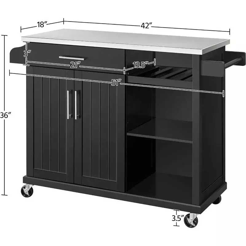 Kitchen Cart with Stainless Steel Top and Storage Cabinet, Kitchen Island on Wheels with Drawer & Open Shelves & Wine Rack