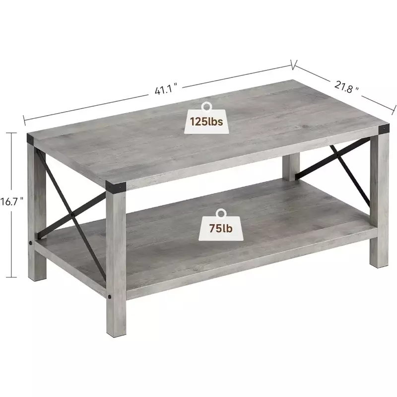 Кофейный столик в фермерском стиле, серый, открытый кофейный столик с шкафами и двойным хранилищем