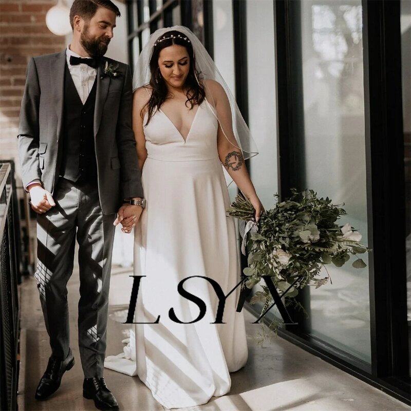 LSYX-Strapless Open Back Wedding Dress, simples profunda V-Neck Crepe, sem mangas, A-Line, até o chão, vestido de noiva, Custom Made